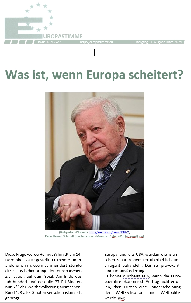 Aktuelle Ausgabe Europastimme - Helmut Schmid - Was ist, wenn Europa scheitert?